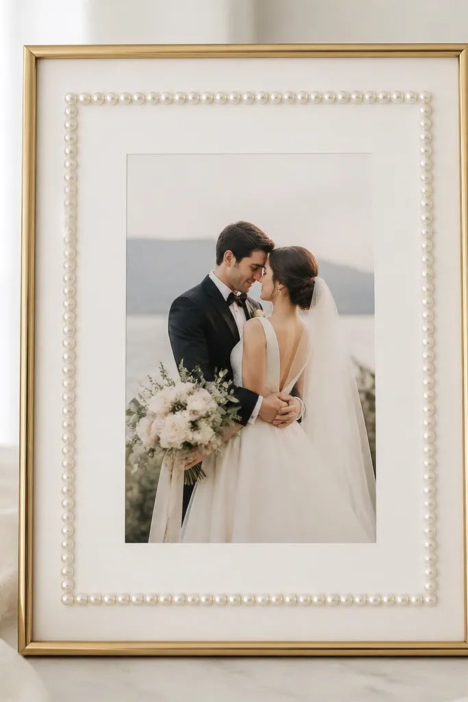 A thin soft gold frame holding a wedding card; a border of small faux pearls outlines the inner edge of the frame mat, with pearls evenly spaced around all sides.