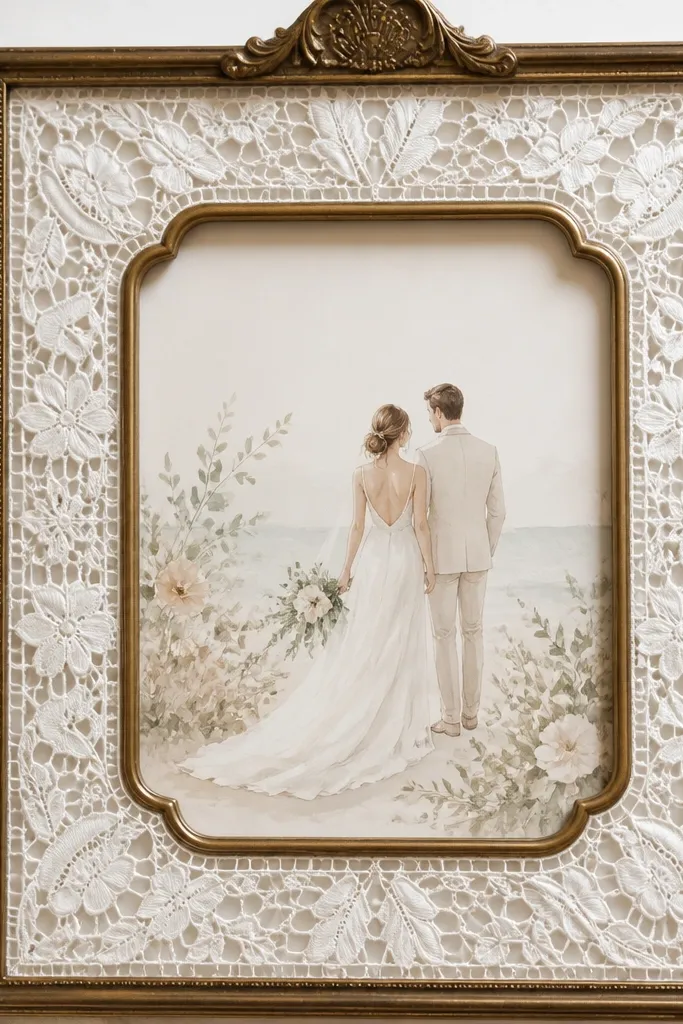 A vintage brass-toned frame holding a wedding card; behind it is a white lace panel with a cut-out window where the card sits.