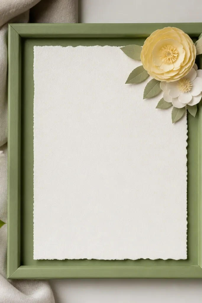 A spring green frame holding a wedding card; at the top right corner sits a small handmade paper flower in pale yellow and white.