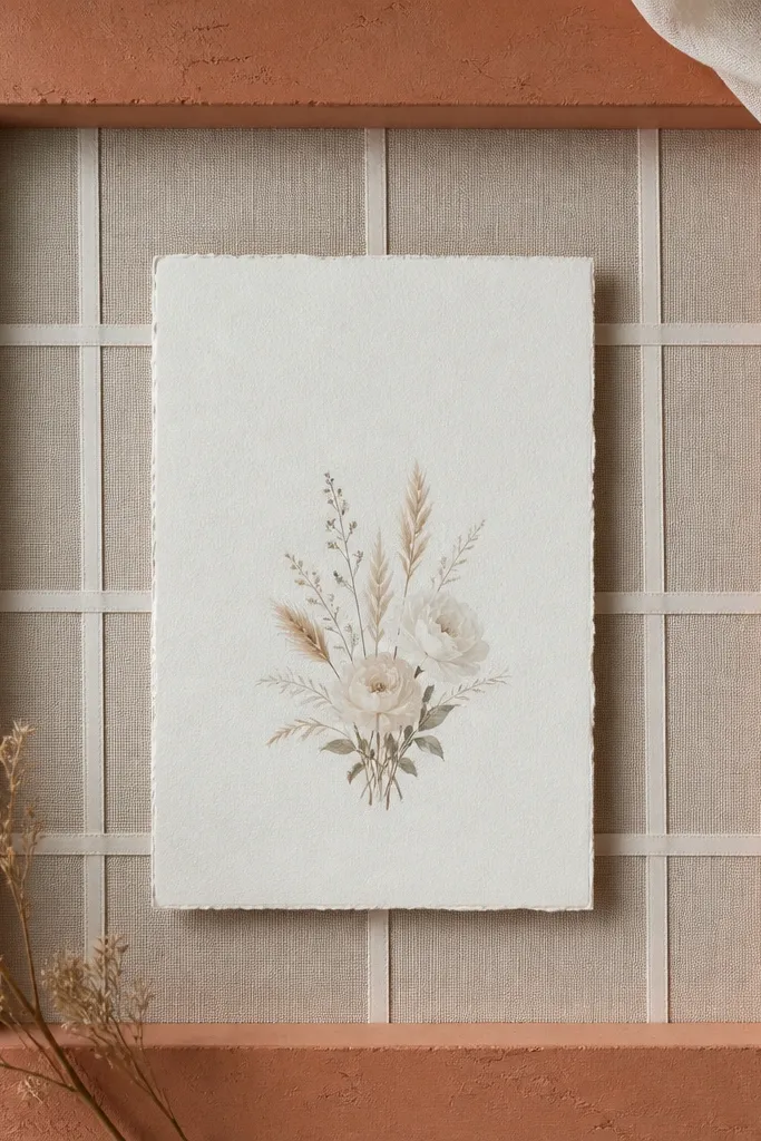 A terracotta clay-colored frame holding a wedding card; a subtle grid of thin fabric tape lines sits behind the card.