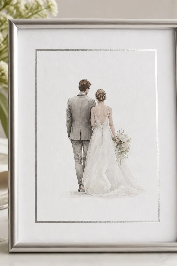 A silver frame holding a wedding card; metallic silver foil washi tape forms a thin inner rectangle border around the card area.
