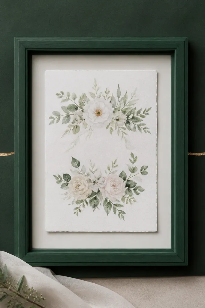 An emerald green frame holding a wedding card; a thin gold leaf line runs horizontally across the middle of the background mat.