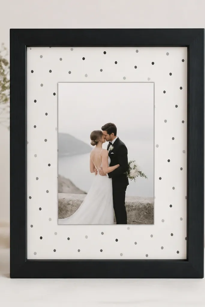 A black-and-white toned frame holding a wedding card; behind it is a white mat with a pattern of small hand-painted dots in gray and black.
