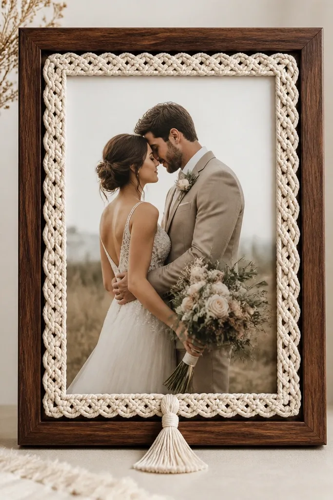 A rosewood-toned frame holding a wedding card; a macrame border made of knotted cord outlines the inner edge, with a small hanging tassel at the bottom center.