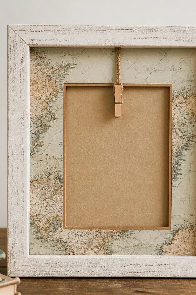 A whitewashed wooden frame with a slightly uneven grain showing through. Inside the frame is a window cut from a vintage map print, bordered by a thin strip of brown kraft paper. The card sits behind the map panel, and a small twine loop with a tiny wooden clothespin hangs from the top edge like a little hinge.