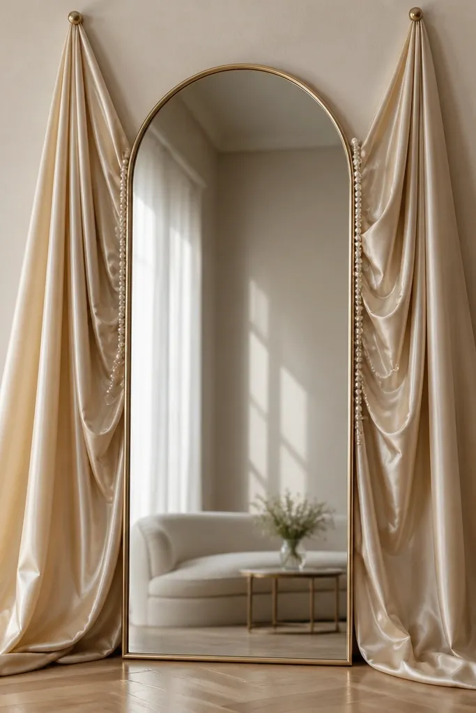 A tall arched mirror standing on the floor. Behind it, champagne satin panels hang from two small hooks, forming soft vertical folds. Small pearl-headed pins and a few faux pearl strands decorate the edges where the satin meets the mirror frame.