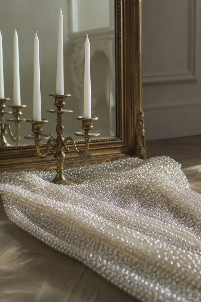 A mirror with a candelabra holding several white tapered candles. In front, a pearl mesh runner drapes across the floor. The runner has small bead-like texture that sparkles softly.