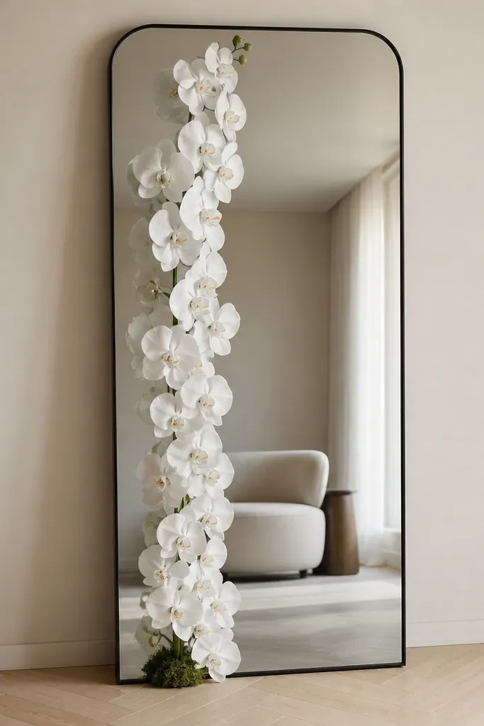 A clean, modern mirror with a thin black frame. A single vertical column of white orchids runs from the floor up to the top of the mirror. No other florals fill the space.