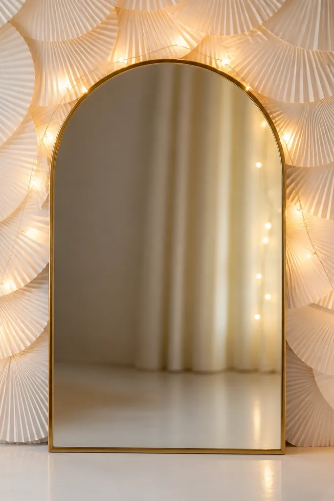 A mirror in front of a backdrop of scalloped white paper fans. Warm white string lights are draped in a gentle curve around the mirror edges. The mirror reflects the light glow.