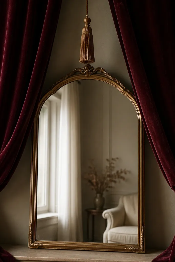 A mirror framed by two deep burgundy velvet curtains pulled to the sides. A single gold tassel hangs from the top center above the mirror. The velvet looks plush and heavy.