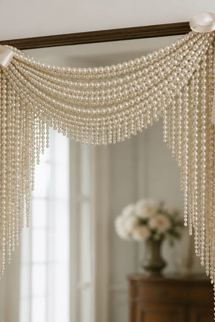 A mirror with a curtain of faux pearl fringe hanging across the top and sides. Satin ribbon ties hold the fringe in place, creating a neat, draped shape. The pearls reflect softly.
