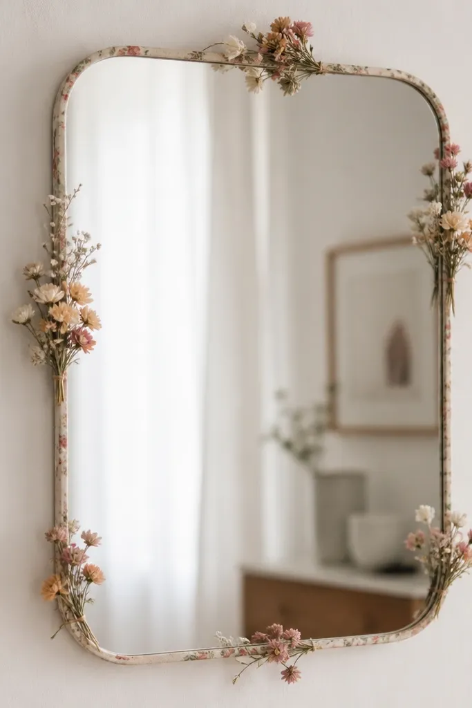 A mirror with a thin floral-tape outline around the frame. Mini wildflower bunches are tucked into the tape in small clusters. The colors are soft: peach, cream, and dusty rose.