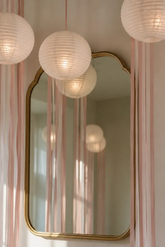 A mirror with two or three white paper lanterns hanging above and slightly to each side. Blush ribbon streamers fall down in long strips. The mirror reflects the lantern glow and ribbon lines.
