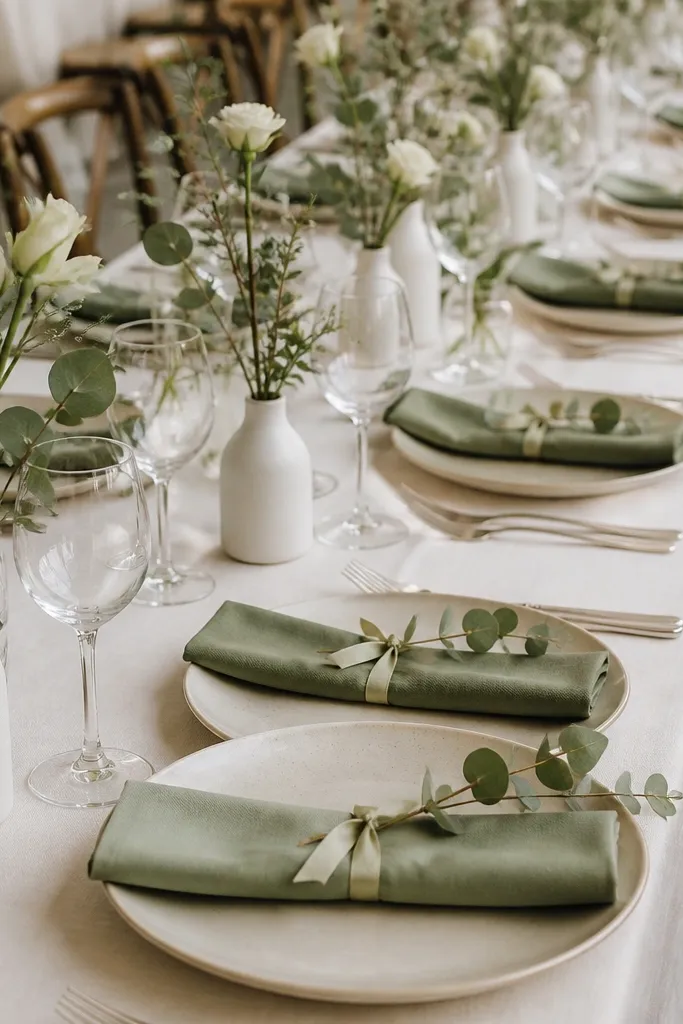 A long wedding table with ivory plates, sage green linen napkins tied with a thin satin ribbon, simple white bud vases, and small sprigs of eucalyptus tucked near each place setting.