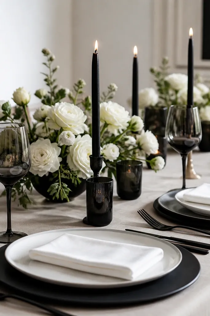 Matte black round chargers under white plates, black flatware, crisp white folded napkins, and a center arrangement of black candles and white flowers.