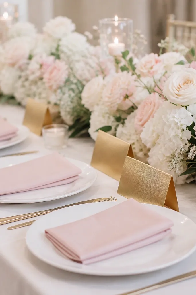 Blush pink napkins on white plates, gold-foil place cards standing upright in front of each plate, and a center runner of pale pink and white florals.