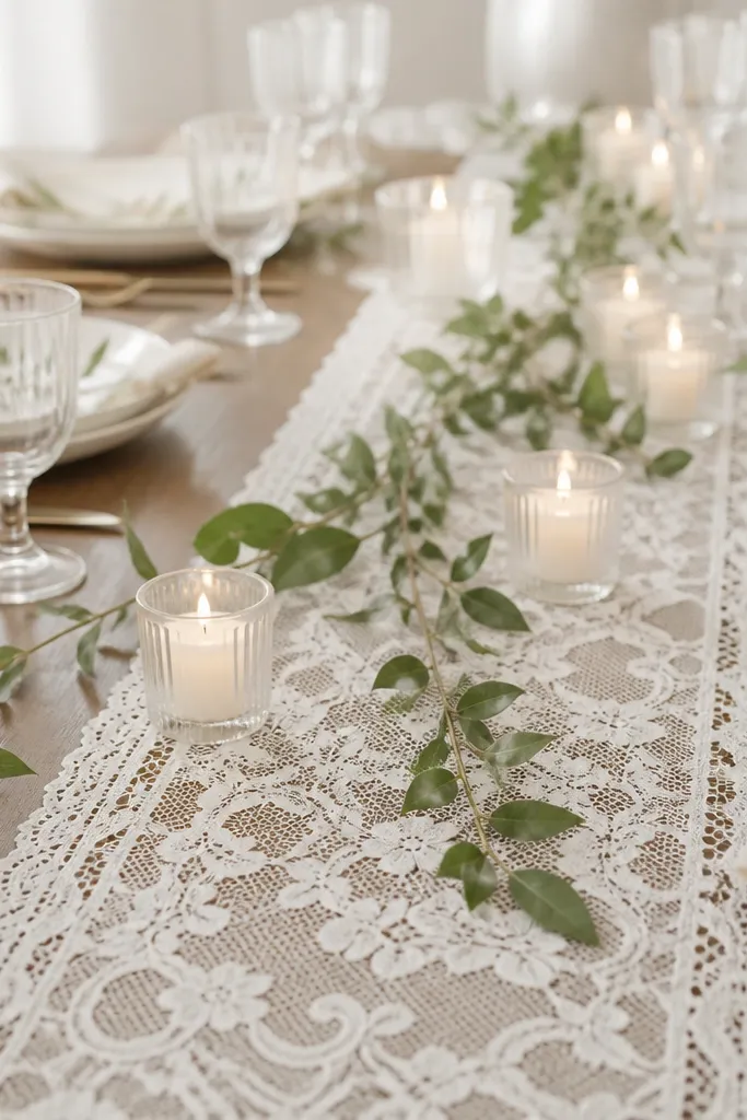 A white lace table runner, pearl-toned votive candles in glass holders, white plates, and soft greenery scattered along the runner.