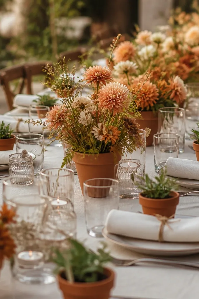 Terracotta mini planters as placeholders, cream napkin rolls tied with twine, and warm-toned florals in terracotta pots down the center.