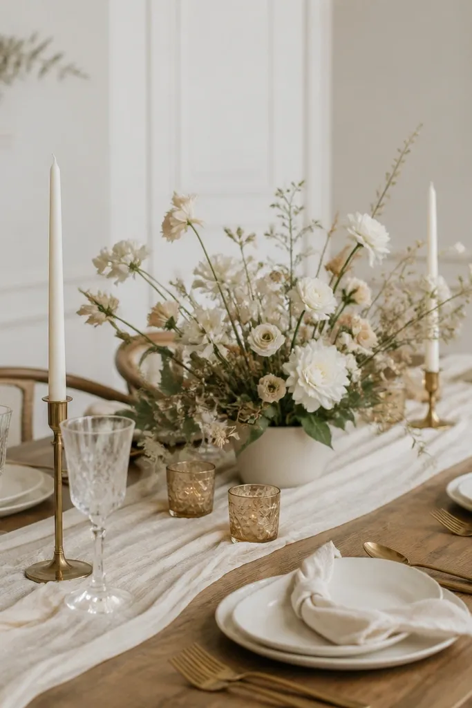 A cream runner, cream plates, cream napkins, tall taper candles in brass holders, and a neutral floral arrangement in white and beige tones.