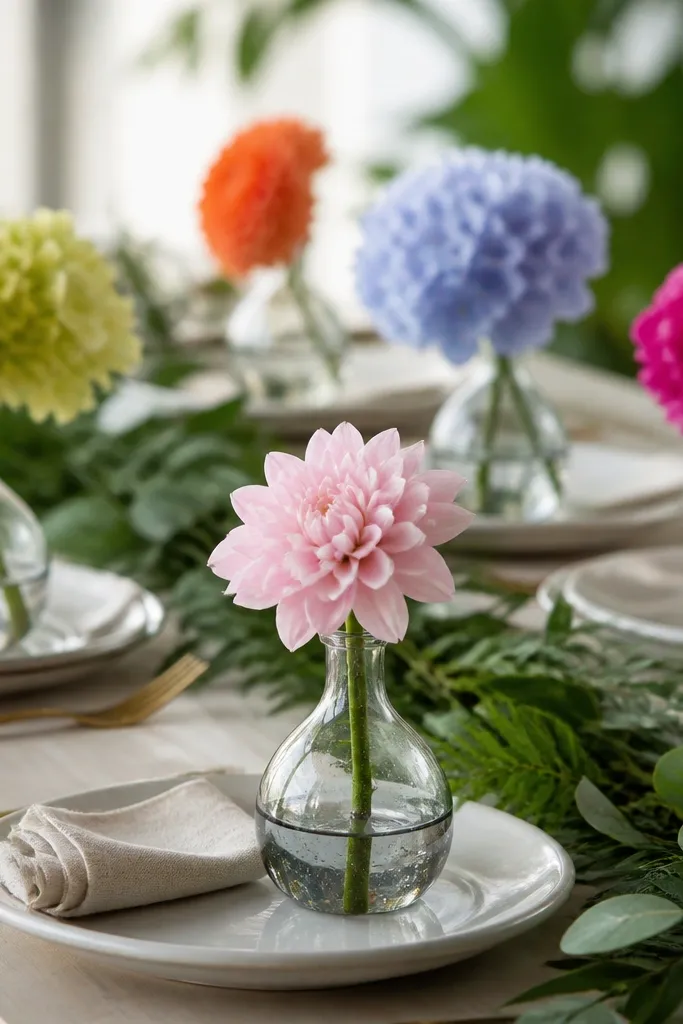 Small blown glass bud vases on each plate, each filled with one type of flower in a single color, and a simple green leaf base along the table.