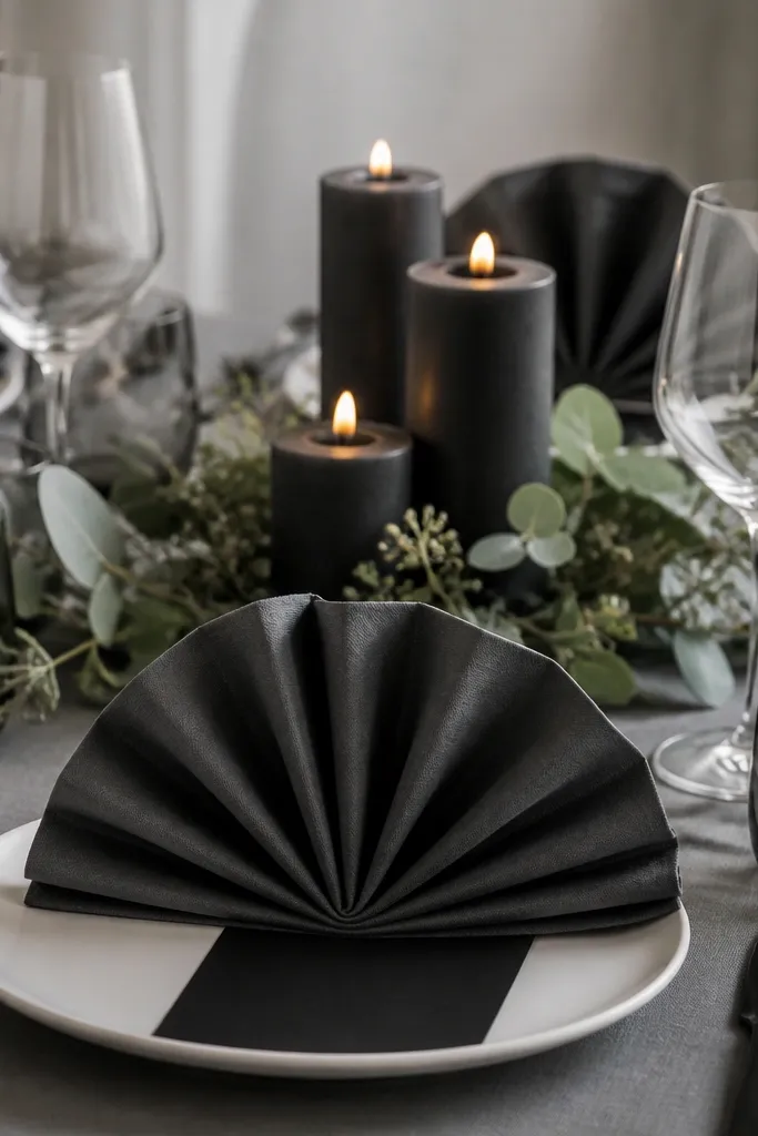 Charcoal gray napkins folded into a fan shape on white plates, with a slim black menu card and a dark candle cluster at the center.