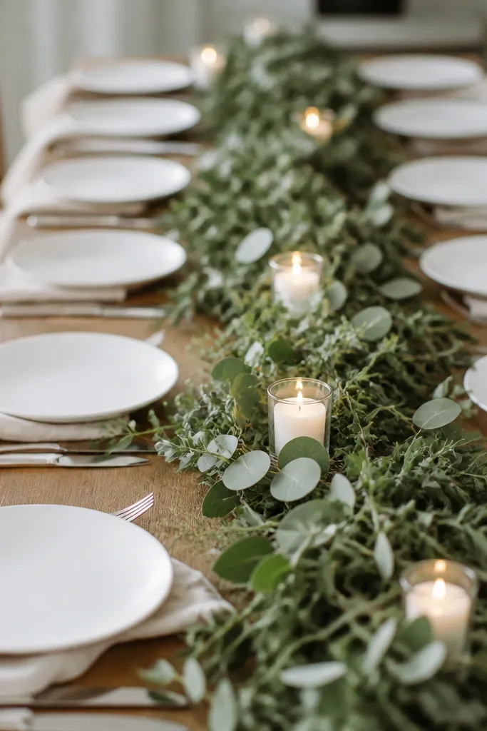White plates across a long table with a greenery-only runner down the center, small votive candles, and napkins in soft cream.