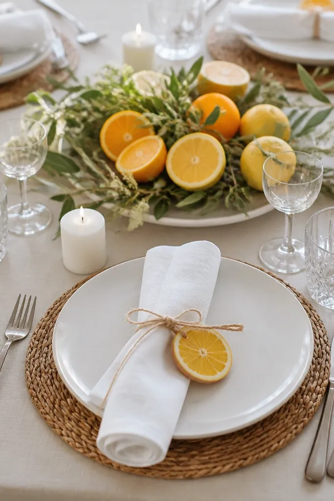 White napkins tied with natural twine, small citrus-shaped tags attached to each place setting, and a centerpiece with sliced citrus and greenery.