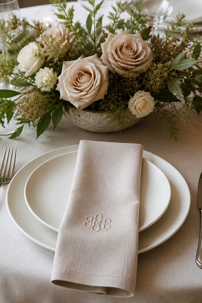 Neutral table with white plates, cloth napkins embroidered with small monograms, and a low centerpiece of beige roses with greenery.