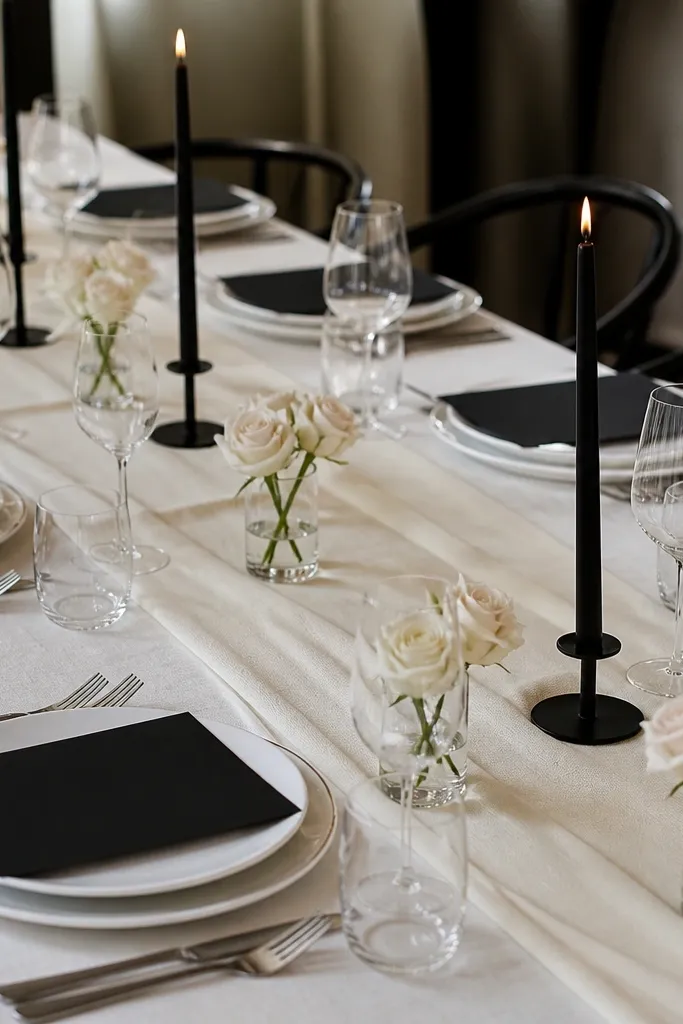 A cream runner, black menu cards at each setting, small mini rose buds in glass cups, and black taper candles at intervals.