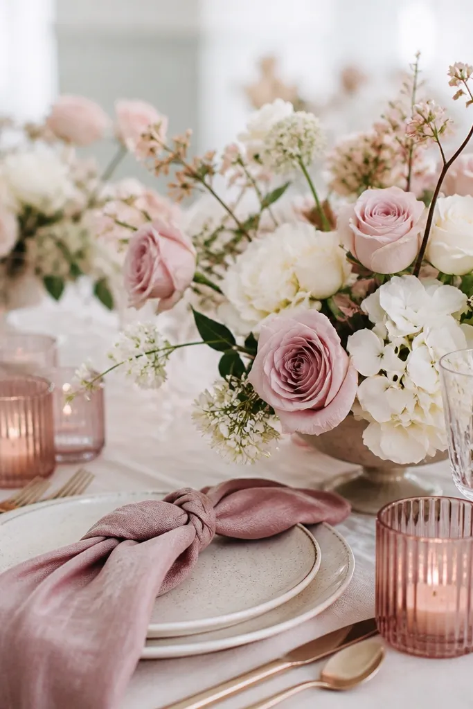 Dusty rose napkins with soft folds, blush smoke-colored votive glass, and a centerpiece of pale pink and white flowers in a low arrangement.