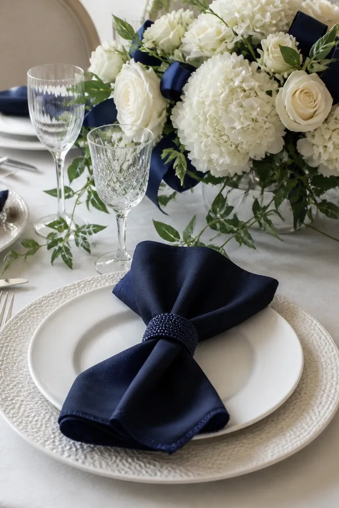 Navy napkins on white plates with textured white chargers, navy napkin rings, and a center arrangement of white flowers with navy ribbon accents.