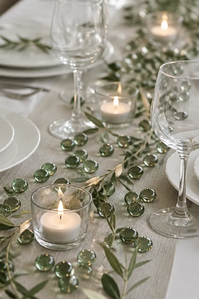 White plates with green glass beads scattered along a runner, small votive candles in clear holders, and minimal greenery around the beads.