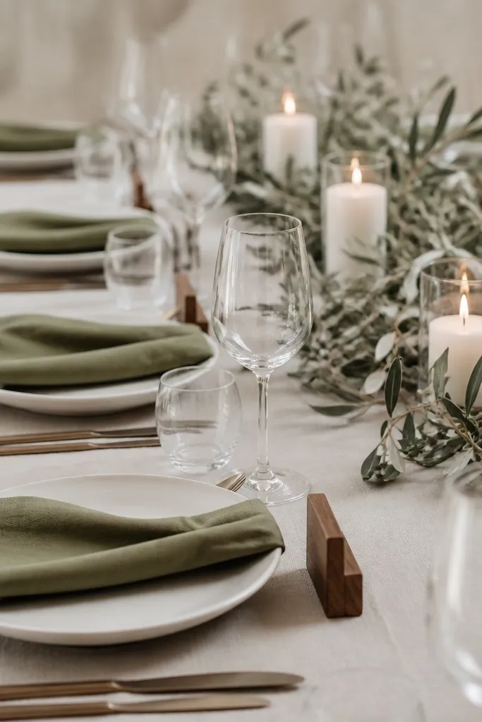 Olive napkins on white plates, wooden place card stands, and a centerpiece of small white candles with olive branches.
