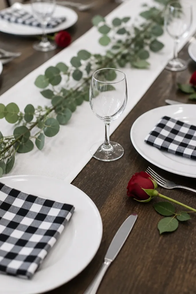 Black-and-white check napkins folded neatly, white plates, a single red rose bud near each setting, and a simple white runner with greenery.