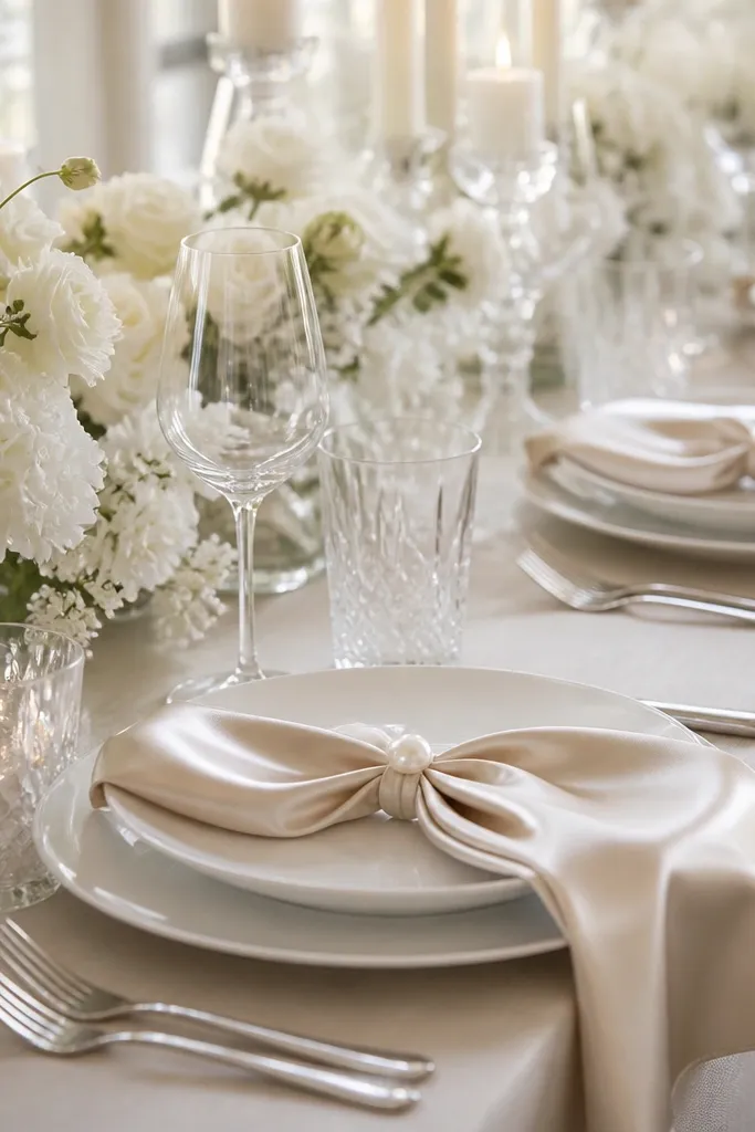 Champagne satin napkins at each place setting, pearl-tone button tie details, white plates, and a center of soft white flowers with crystal candle holders.