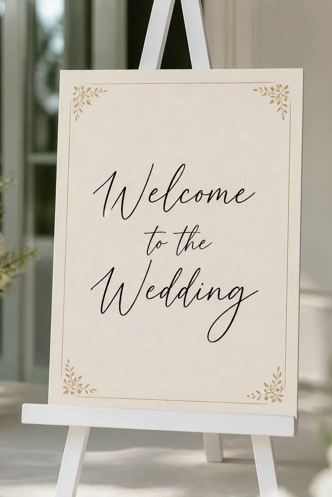 A matte linen-textured cream cardstock sign reading "Welcome to the Wedding" in black modern script, mounted on a white tabletop easel. Small gold foil accents sit at the corners, and a thin border frames the text.