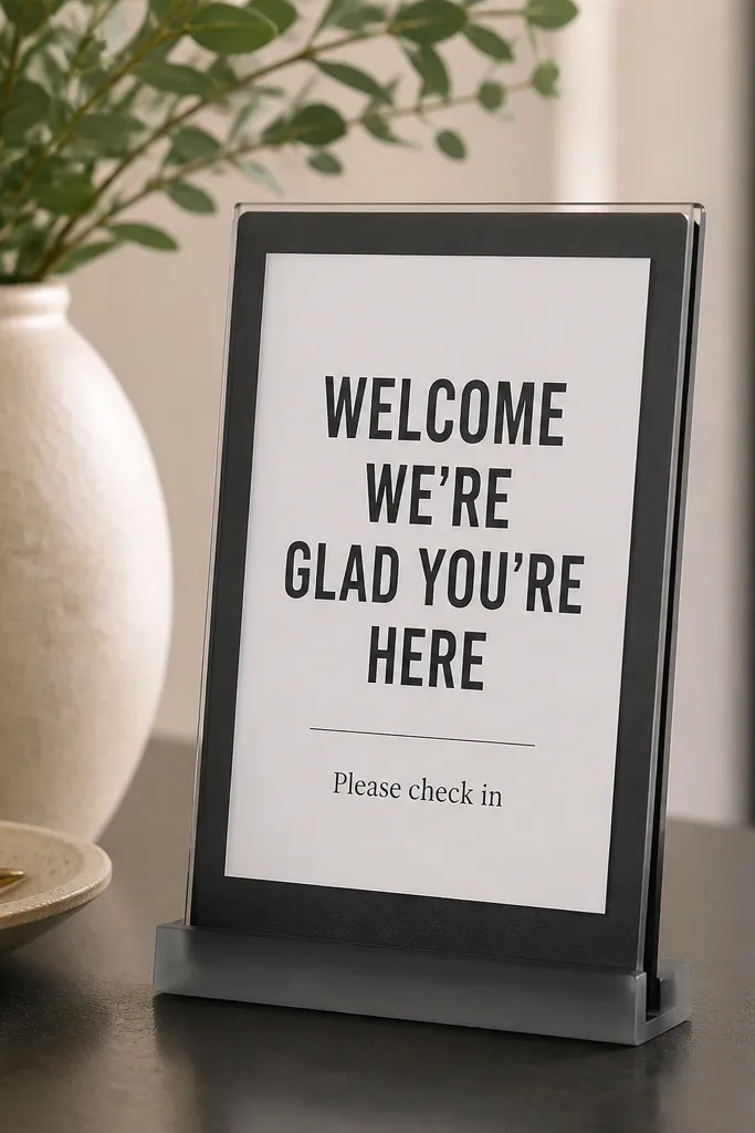 A sleek black acrylic sign holder on a welcome table, holding a white card with bold black uppercase letters and a small "Please check in" line. The acrylic has a frosted base and a clear front window.