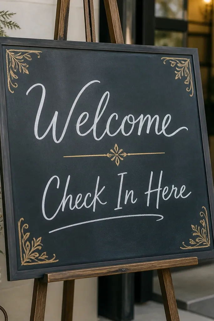 A dark slate board with a chalkboard finish. The words "Welcome" and "Check In Here" are written in white chalk-like paint marker, with small gold corner flourishes.