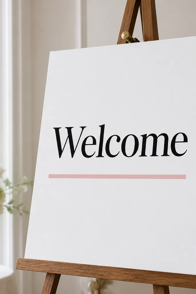 A 16 x 20 inch white foam board standing on an easel. Black vinyl letters say "Welcome," and a single blush-pink underline bar sits below the main text.
