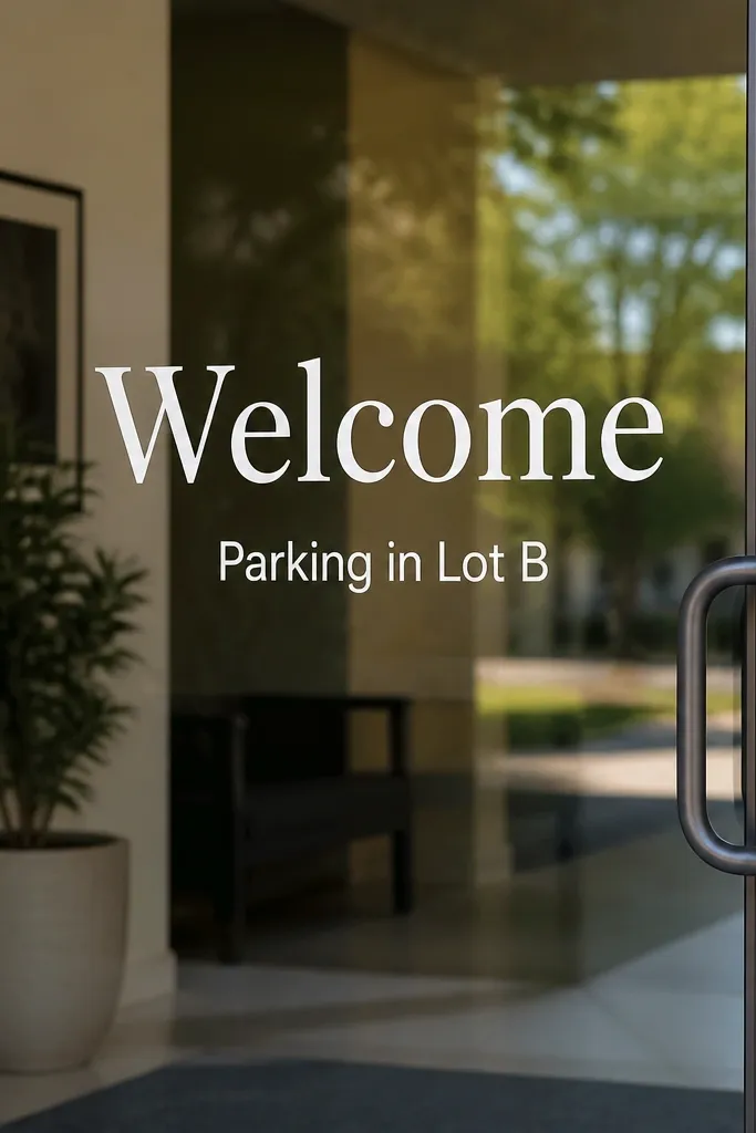A glass door covered with a clean window cling. "Welcome" is in large white lettering, with smaller "Parking in Lot B" text below, all centered at eye height.