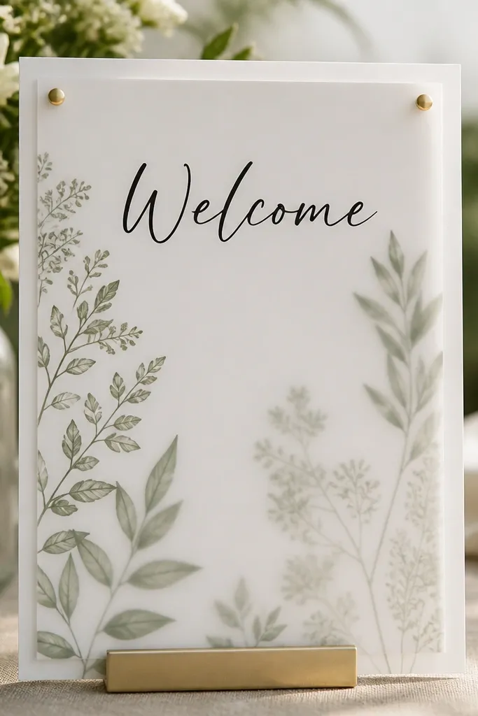 A white sign card with botanical sprigs printed in muted green. A semi-transparent vellum overlay adds a layered look, with "Welcome" in dark ink centered at the top.