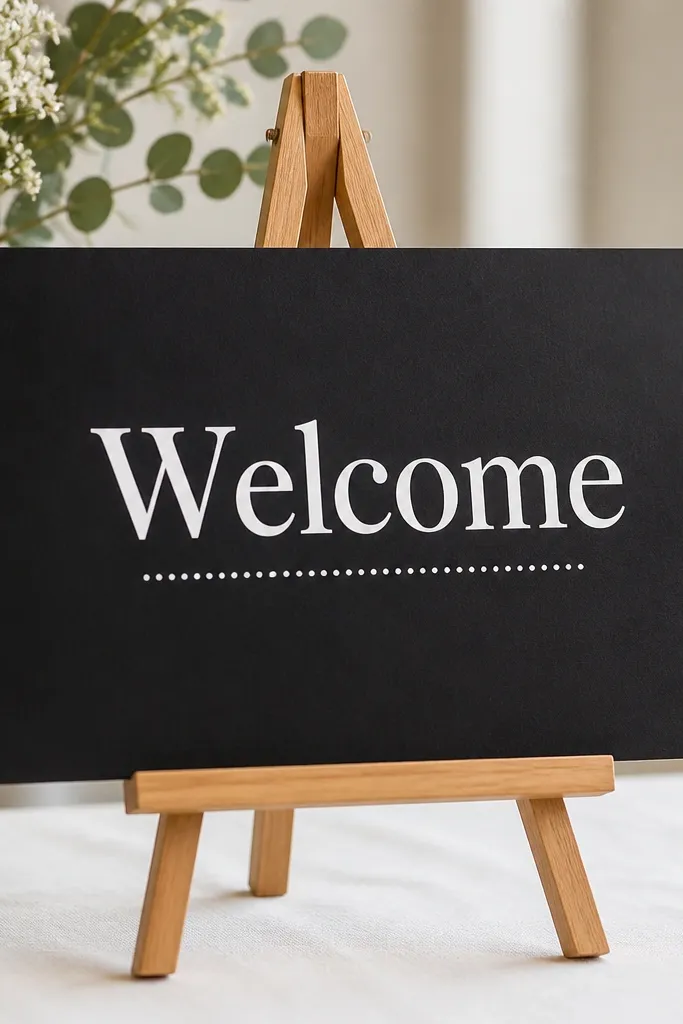 A black cardstock sign with a single centered line: "Welcome" in large white vinyl. A thin white dot line sits under the word, and the sign is on a small easel.