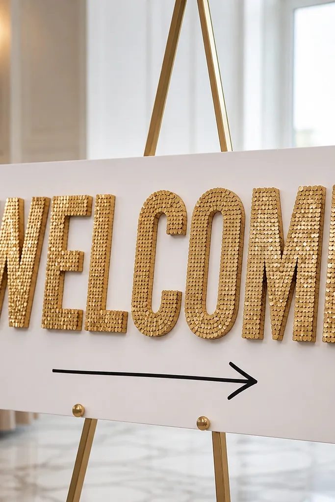 Large foam letters spelling "WELCOME" covered in small gold sequins. The letters are mounted on a white foam board background with a simple black arrow pointing to check-in.