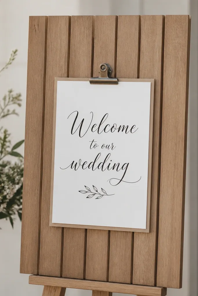 A vertical wooden slat board with a small clip frame holding a printed "Welcome to our wedding" card. The text card is white with black script and a thin wood-toned border.