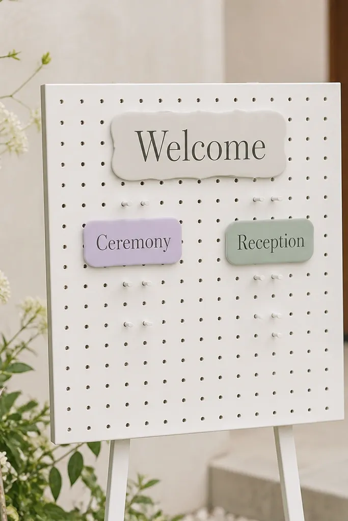 A small white pegboard mounted on a stand. Two labels read "Ceremony" and "Reception" in colored stickers, with a larger "Welcome" label at the top.