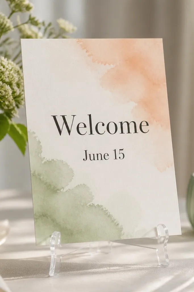 A clear acrylic easel holding a card with watercolor washes in peach and sage. The card reads "Welcome" and "June 15" in a dark serif font.