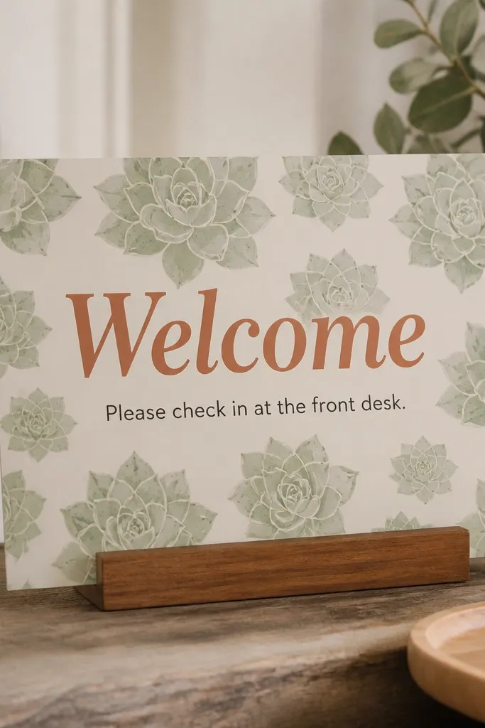 A matte cardstock sign with a repeating succulent pattern in muted green. The word "Welcome" is in terracotta vinyl letters, with a small black line about check-in.