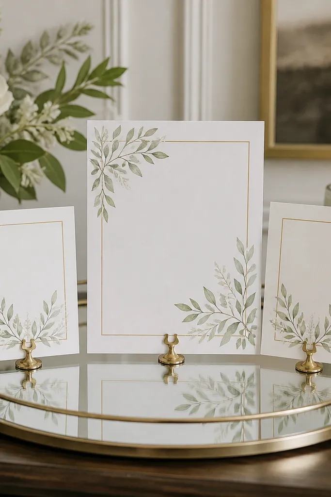 A round mirrored serving tray on a welcome table. A large printed "Welcome" card sits in the center, with two smaller cards on either side reading "Registry" and "Schedule."
