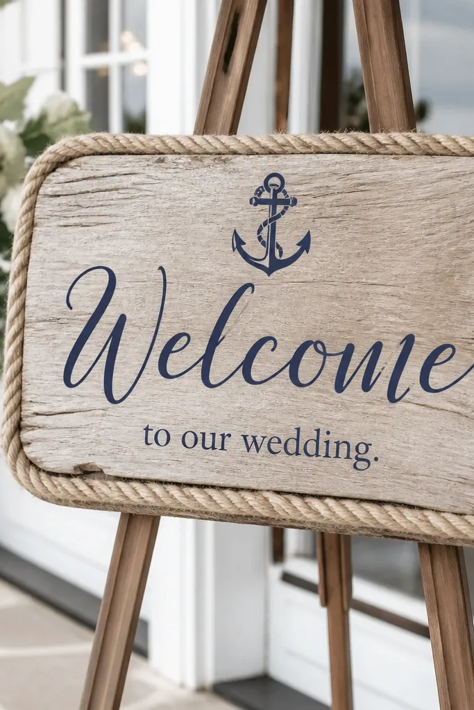 A welcome sign made from a piece of driftwood or wood board wrapped with rope trim. "Welcome" is in navy vinyl, and a small printed anchor icon sits above "to our wedding."