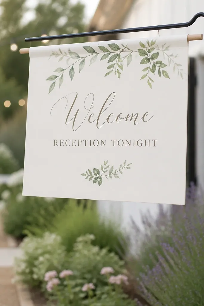 A dowel across the top of a sign with two-sided cardstock. The front reads "Welcome" and "Reception Tonight," and the back mirrors the text for wind and movement.